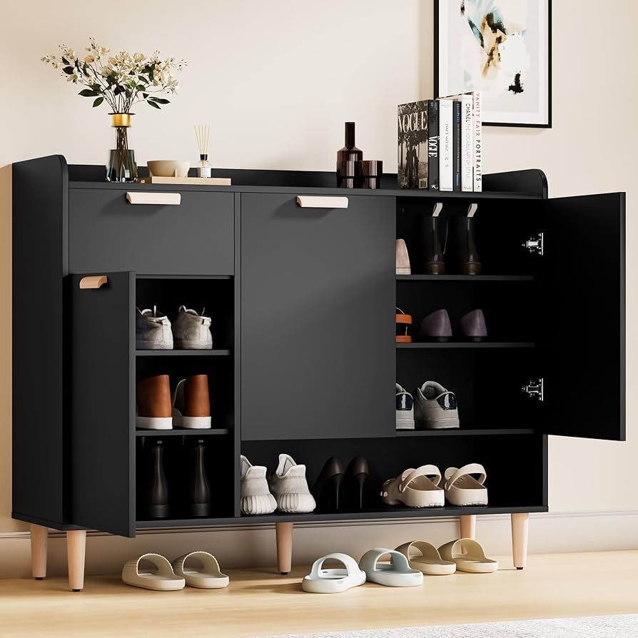 Shoe Storage Cabinet with Doors & Drawer, Slim Shoe Organizer with Adjustable Shelves, Freestanding Wood Shoe Rack for Entryway Hallway Living Room (B