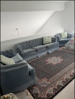 Vintage Blue Velvet Living Room Set of three