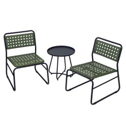 Kinger Home 3-Piece Outdoor Patio Bistro Table and Chairs Set of 2, Rattan Wicker Cast Aluminum Patio Furniture, Green