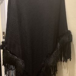 Black Faux Fur Trained Poncho