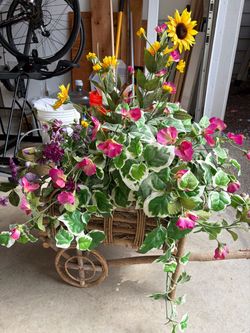 Rustic Wooden Wheelbarrow with Silk Floral Arrangement