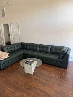 Dark Green Leather Tufted Sectional Sofa by Arizona Leather Co.