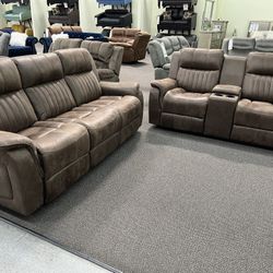 New Power Reclining Couch  / Love Seat .  Dark Coffee Breathable Leatherette .  Free Delivery !