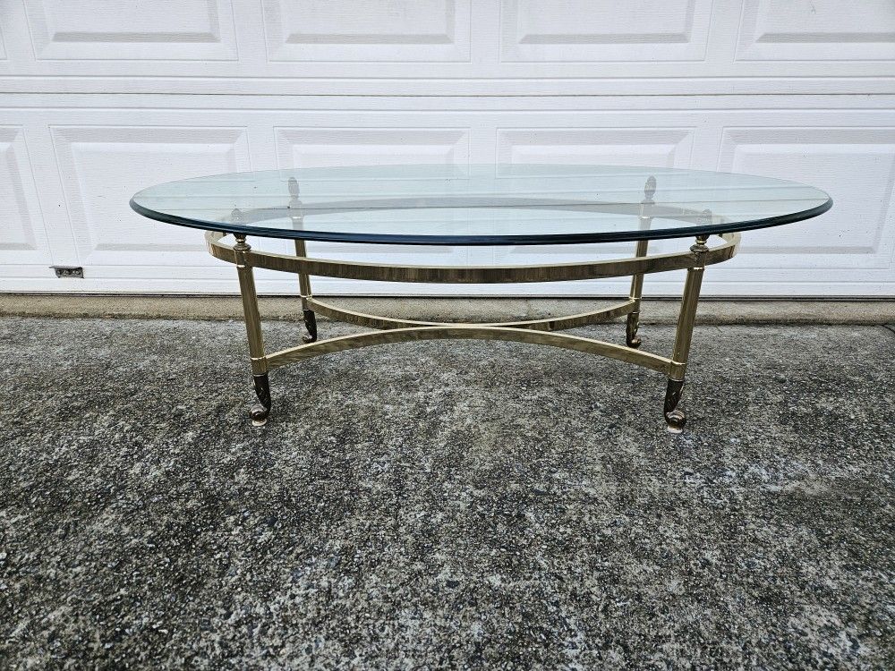 Vintage Mid-Century Brass and Glass Oval Coffee Table