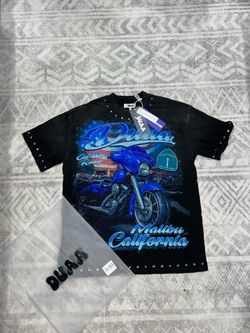 Duaa black studded tee with blue motorcycle graphic