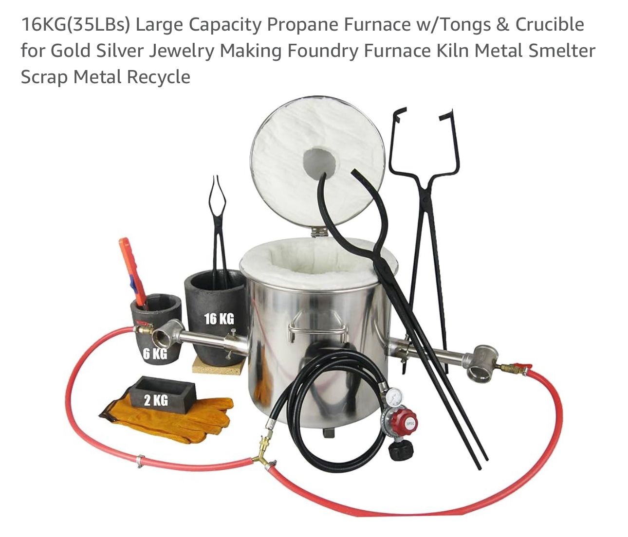 16KG(35LBs) Large Capacity Propane Furnace w/Tongs & Crucible for Gold Silver Jewelry Making Foundry Furnace Kiln Metal Smelter Scrap Metal Recycle