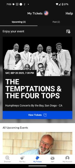 Temptations And Four Tops 3 Tickets Tonight Sat 09/20