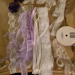 Lavender And White Pre-cut Lace, 2 Purple Mini Dollies, Spools Of Lavender Colored Ribbon