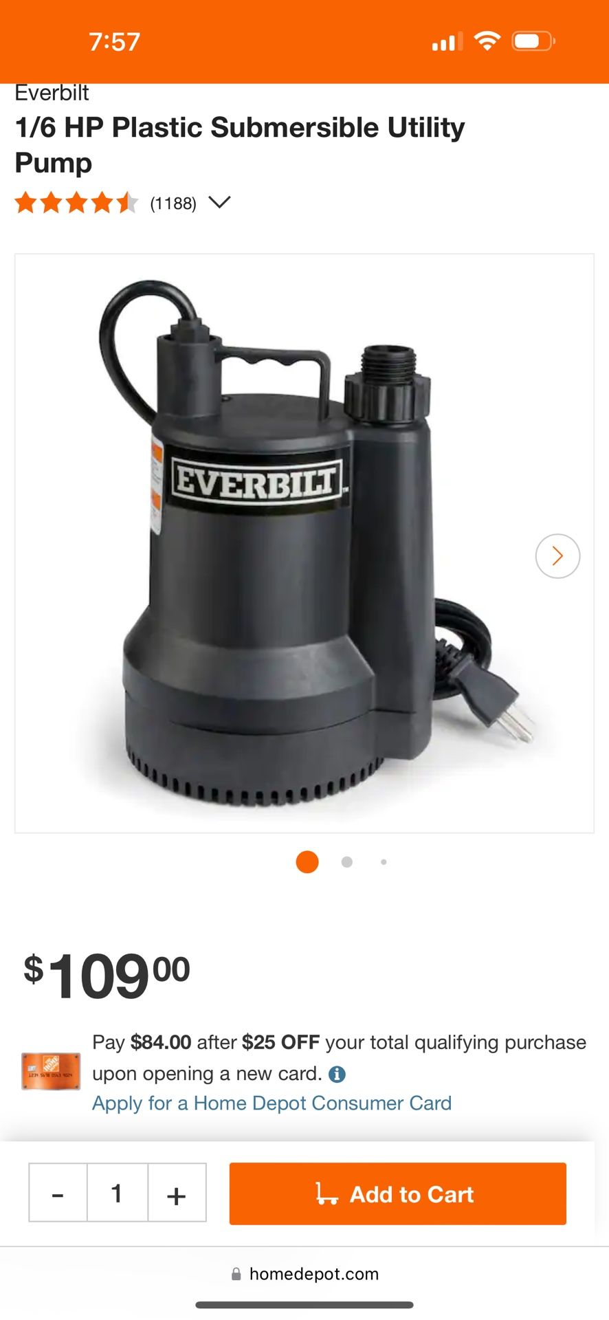 Everbilt Transfer Pomp 1/6 Horsepower