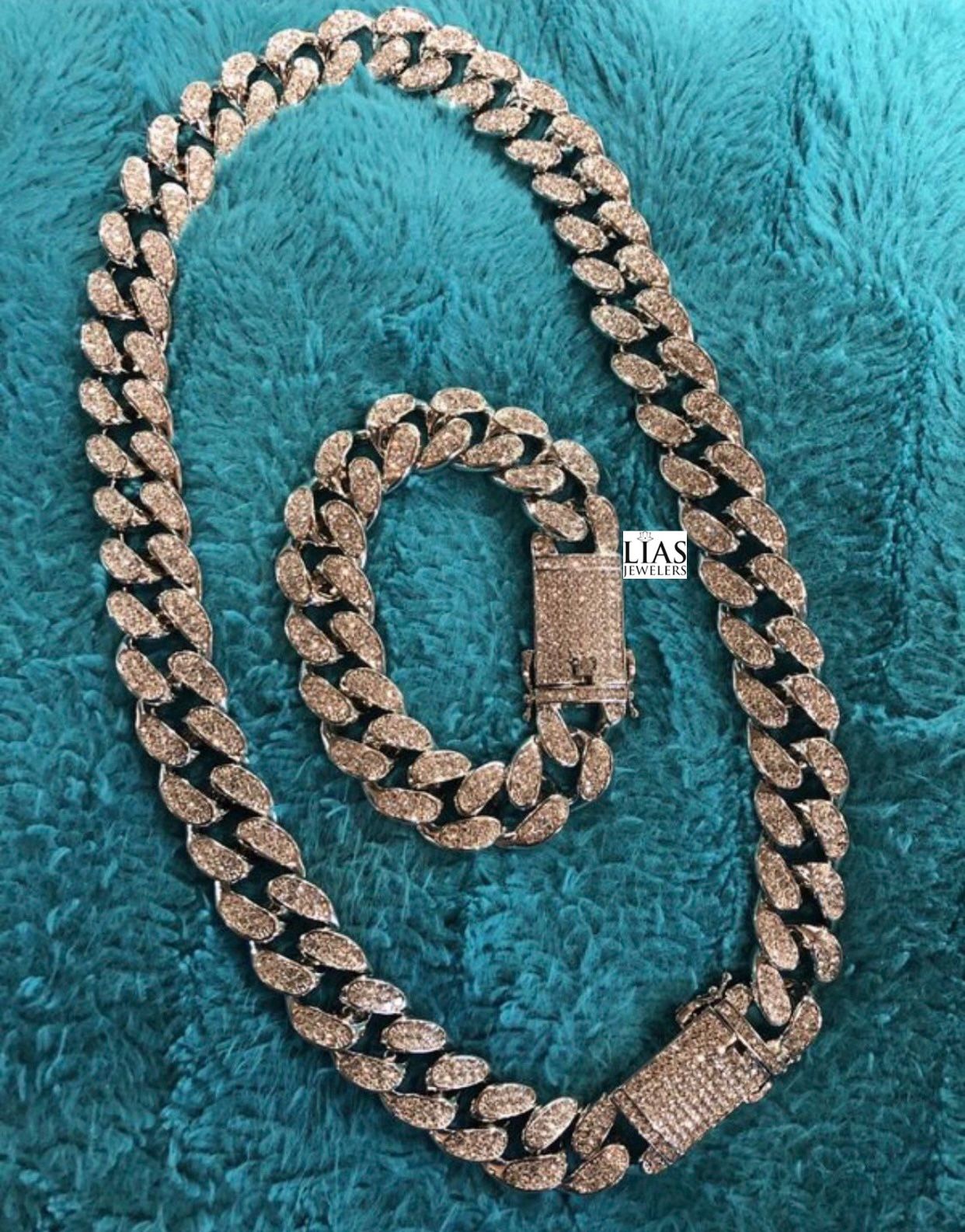 New 18k White Gold Cuban Link Chain and Bracelet Set