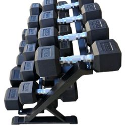 
RUBBER HEX DUMBBELLS SET:
  5-50lb. WITH THE RACK.
