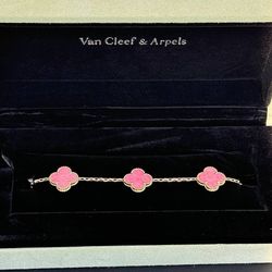 18k yellow gold Pink Van cleef Alhambra style Rhodonite 5 motifs clover shape stone bracelet