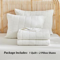WARMDERN Linen Cotton Quilts Set Queen Size, 100% Cotton White Quilt Bedspreads with Box Stitched, 3 Pieces Soft Lightweight Bedspreads Coverlet with 