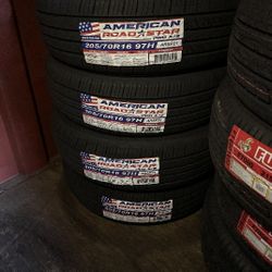 SET OF FOUR NEW TIRES 205/70/16 AMERICAN ROADSTAR INCLUDING MOUNT AND BALANCE, ASK ME FOR SIZES AND BRANDS 
