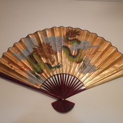 HUGE 5ft. Handpainted Chinoiserie Dragon Wall Fan Decor Signed By Artist