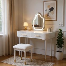 Homy Casa Lunara 40 Inch Wide Modern Makeup Vanity Table Set with LED Mirror & 2 Drawers – White