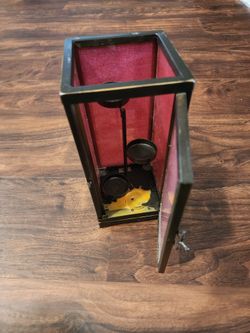 Red Brown Tea Cup Candle 3 Holders Metal Glass Rectangle 10"Tx5"Dx5"W