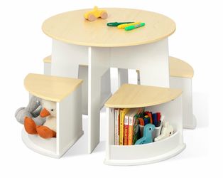 OOOK Toddler Table and Chair Set, Wooden Round Table with 4 Storage Stools, Kids Tables and Chairs for Arts, Crafts, Read and Play