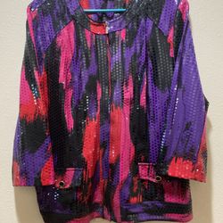 Elementz Jacket Womens Large Sequins Sparkly Blouse Zip Up Party Retro Vintage