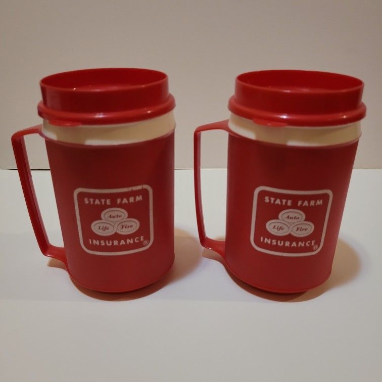 2 Vintage Red State Farm Logo Insulated Travel Coffee Cup Mugs with Handle  and Lid for Sale in Yorkville, IL - OfferUp