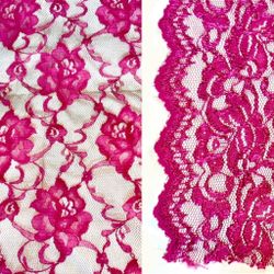 Fuchsia Floral Raschel Lace Fabric Yd Scrap & Scalloped Trim 5”w x 3 Yd & 10.5”