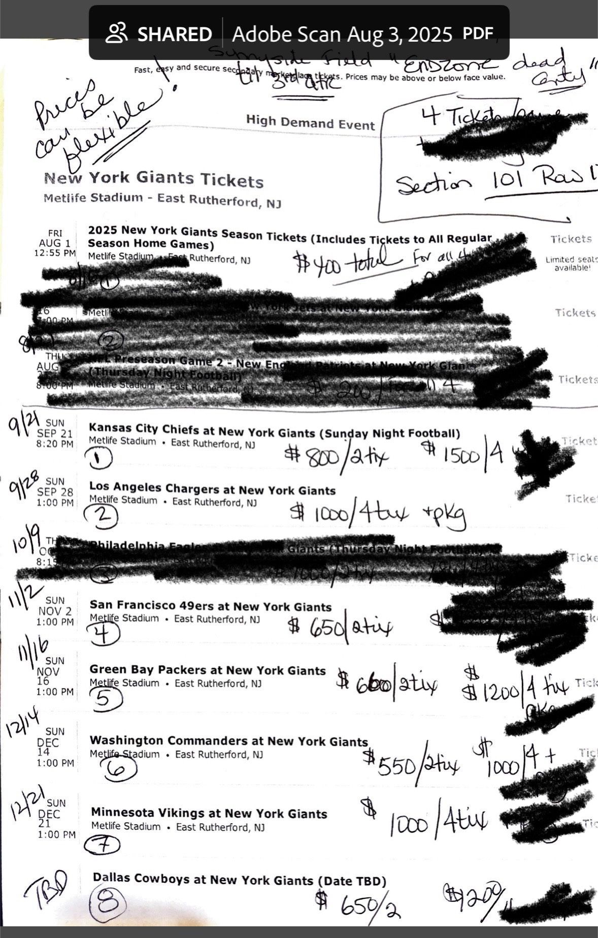 NY Giants Football Tickets Available -see Desc.