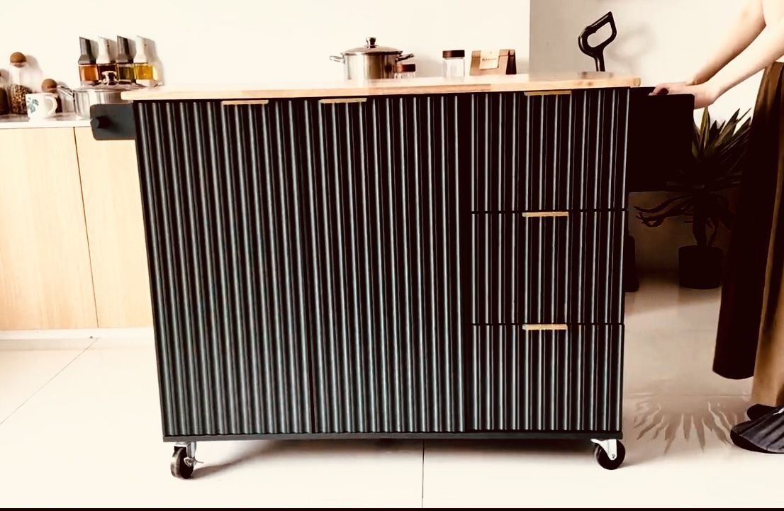 Rolling Kitchen Island with Storage, Portable Kitchen Island with Drop Leaf Breakfast Bar, Modern Farmhouse Kitchen Cart on Wheels with Fluted Design,