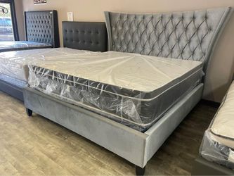 π₯ Brand New Luxury Gray Velvet Tufted King & Queen Bed Frame | Wingback Headboard Upholstered Platform Bed + opt Mattress | Pickup or Delivery π