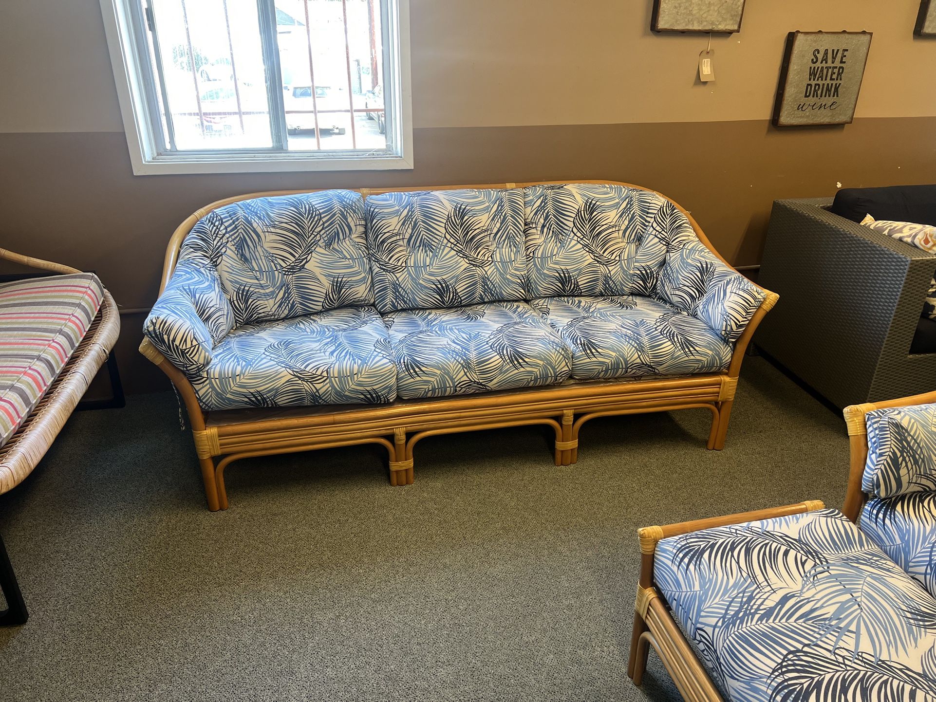PATIO SOFA: Natural Rattan & Wicker Sofa, upholstered in Sunbrella Fabric SKU TBHZCD
