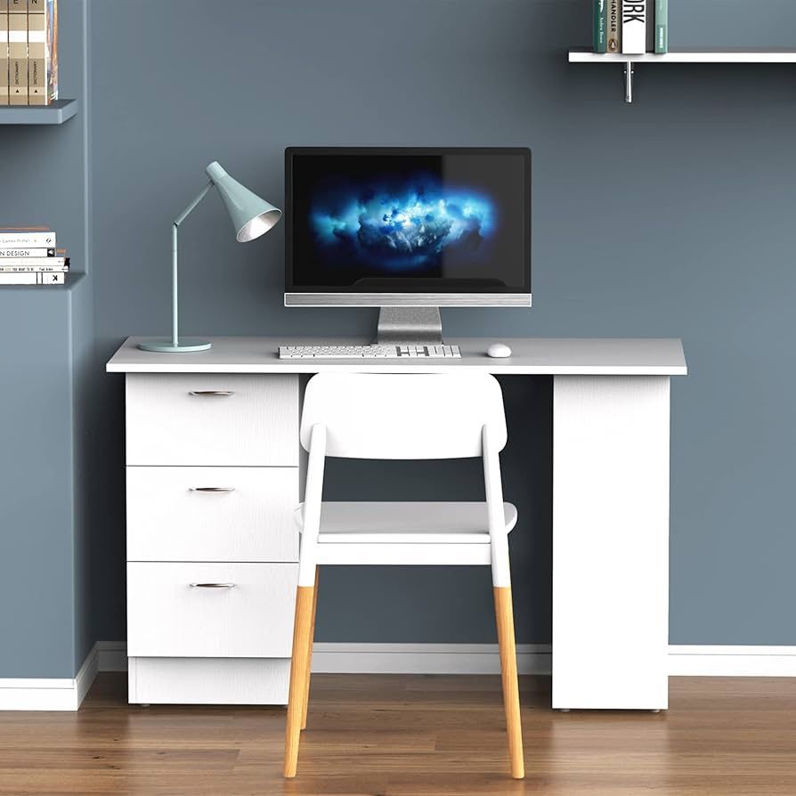 47" Modern Home Office Computer Desk Bookcase Combo Writing Table Workstation with 3 Drawer and Storage Shelf - White Shape Rectangular Des