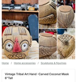 Vintage Tribal Art Hand -Carved Coconut Mask 6”Tall