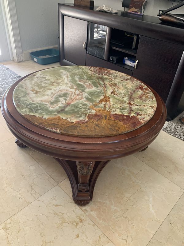 round coffee table for living room, wooden with marble top
