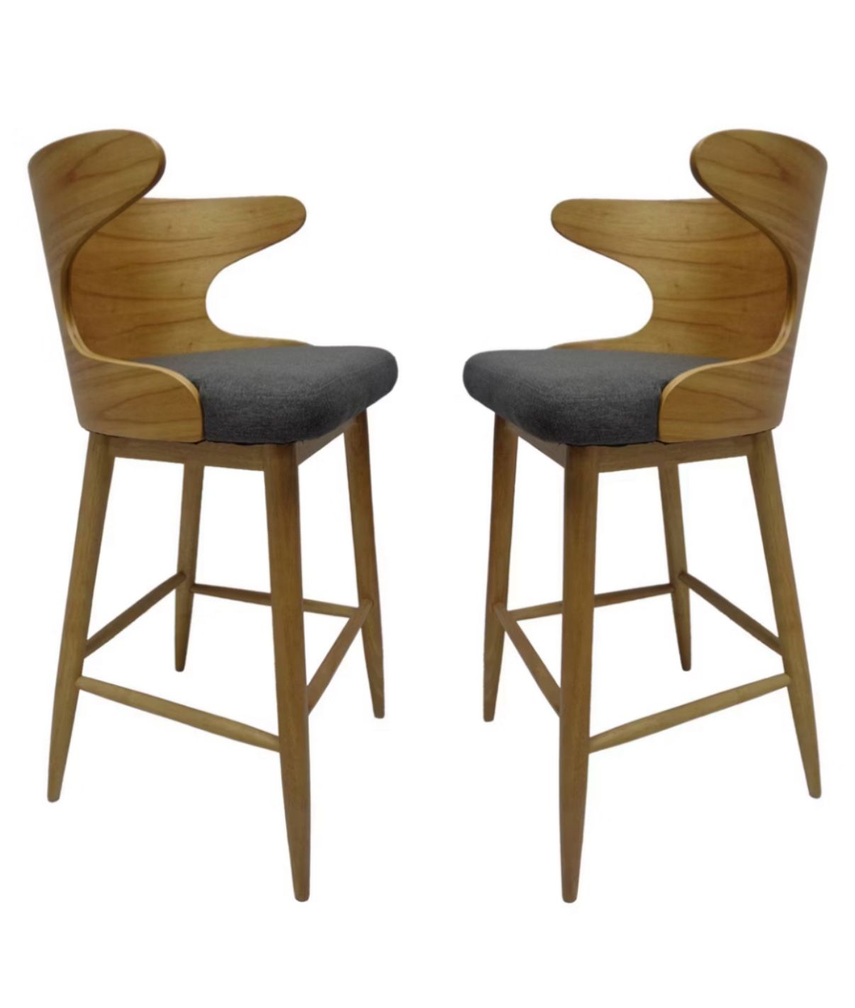 Kamryn Mid-Century Modern 30.25 in. Natural Wooden Bar Stools with Charcoal Fabric Seat Cushion (Set of 2)