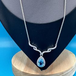 New Pear Cut 4.24 Carat Blue Topaz With White Sapphire Necklace 18” Long 5.65 Grams Stunning!