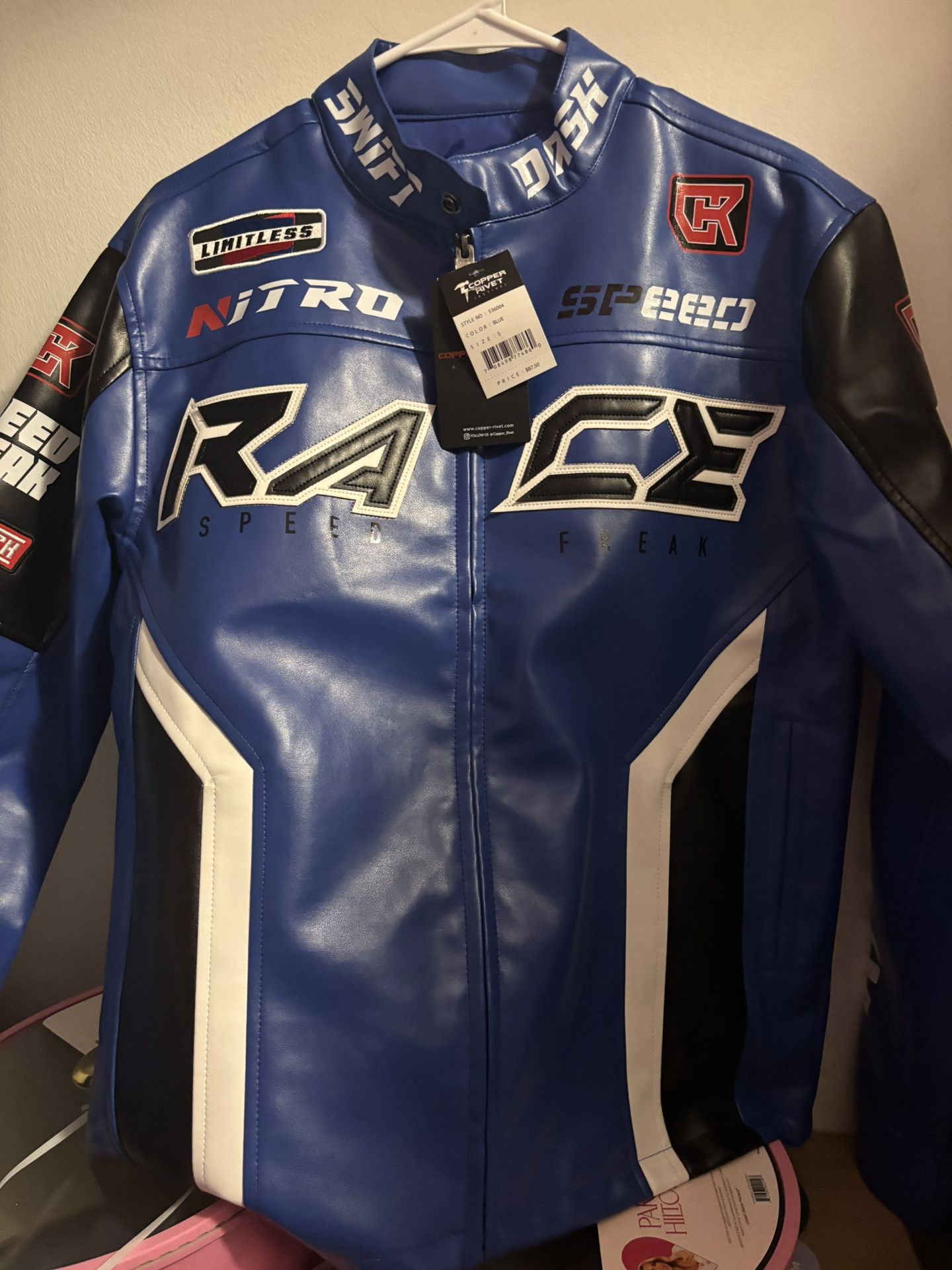 Copper Rivet Men's Blue  Moto Racing PU Leather Jacket Size Small NWT