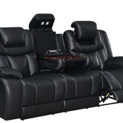 Power Recliner leather black couch sofa electric with outlet and charger Sofa negro reclinable eléctrico de piel