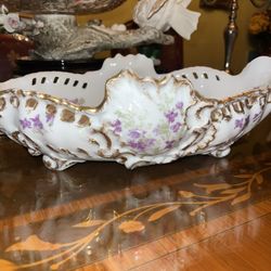 Vintage/Antique Large Floral Centerpiece Porcelain Bowl 9” x 17 5 Hight Made In France