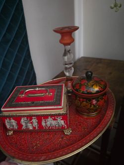 Vintage Indian tray, lock box candle holder and wooden container