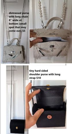 ($5 each) small boxy black purse and distressed shabby chic handbag with long chain