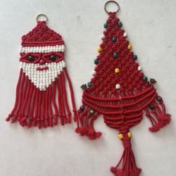 Christmas Macrame Santa and Tree with Bells Wood Beads Wall Hanging Boho MCM Vtg