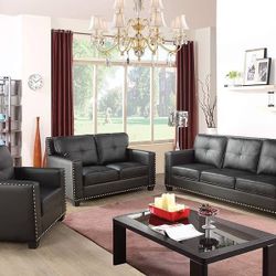 3 PCS Faux Leather Sofa Couch Set, Black Living Room Set with Sofa, Loveseat and Chair