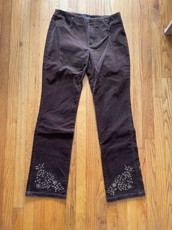 Vintage Brown Corduroy Pants w/ Sequin Embroidery Details   Brand: FREE BIRD  Size: Size 26 (155/64A)  Color & Material: Dark brown corduroy, super co