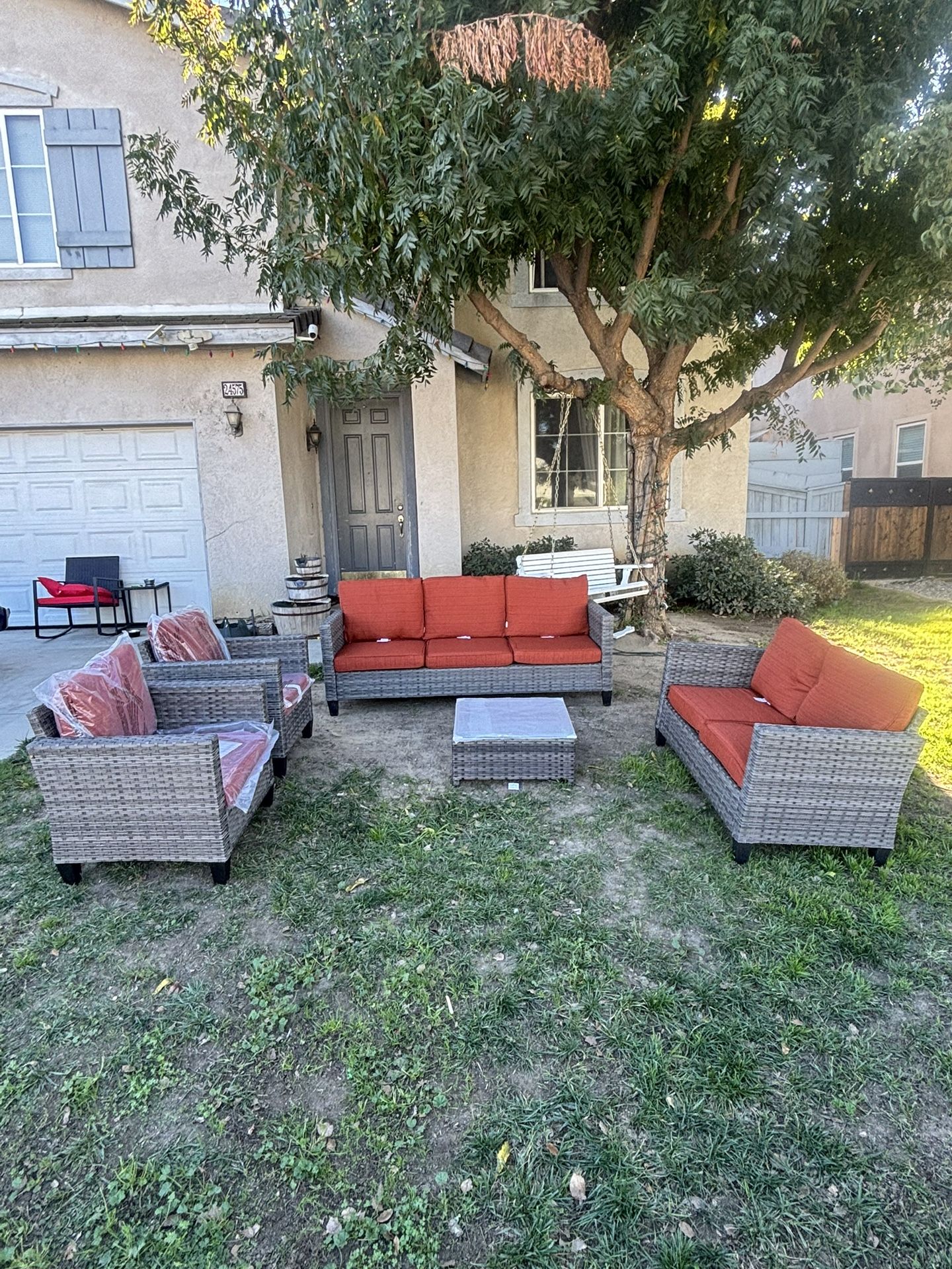 7 Seating Outdoor Patio Furniture Set Orange Cushion Grey Wicker Frame Brand New