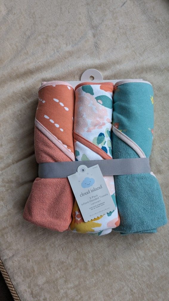 Cloud Island Infant Floral Meadow Hooded Towel Set 3 Pack Aqua Green Lightweight

