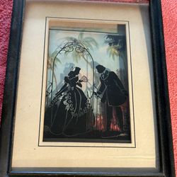 Vintage Silhouette 1920's 1930's  Man Courting Woman Colorful Background Antique Print on Glass