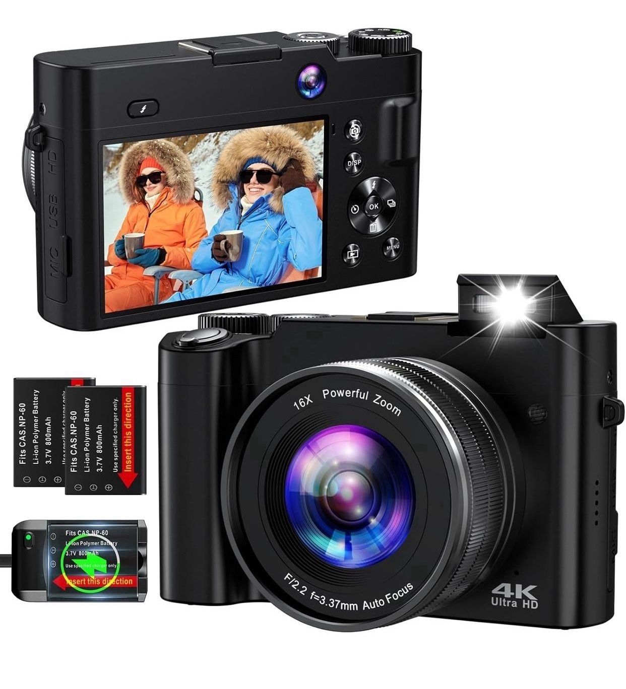 4K Digital Camera for Photography Autofocus 64MP Vlogging Camera for YouTube with Dual Cameras 16X Digital Zoom 4K Compact Travel Video Camera with 32