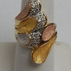 14KT TRI COLOR GOLD WOMENS RING WITH DIAMONDS SZ-6.5 8.5G MINT