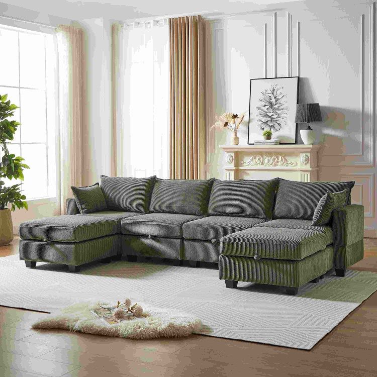 113.5'' Modular Sectiona Corduroy Sofa, Sectional Couches for Living Room U Shaped Sectional Couch with Storage Ottoman, 6 Seats Convertible Sectional