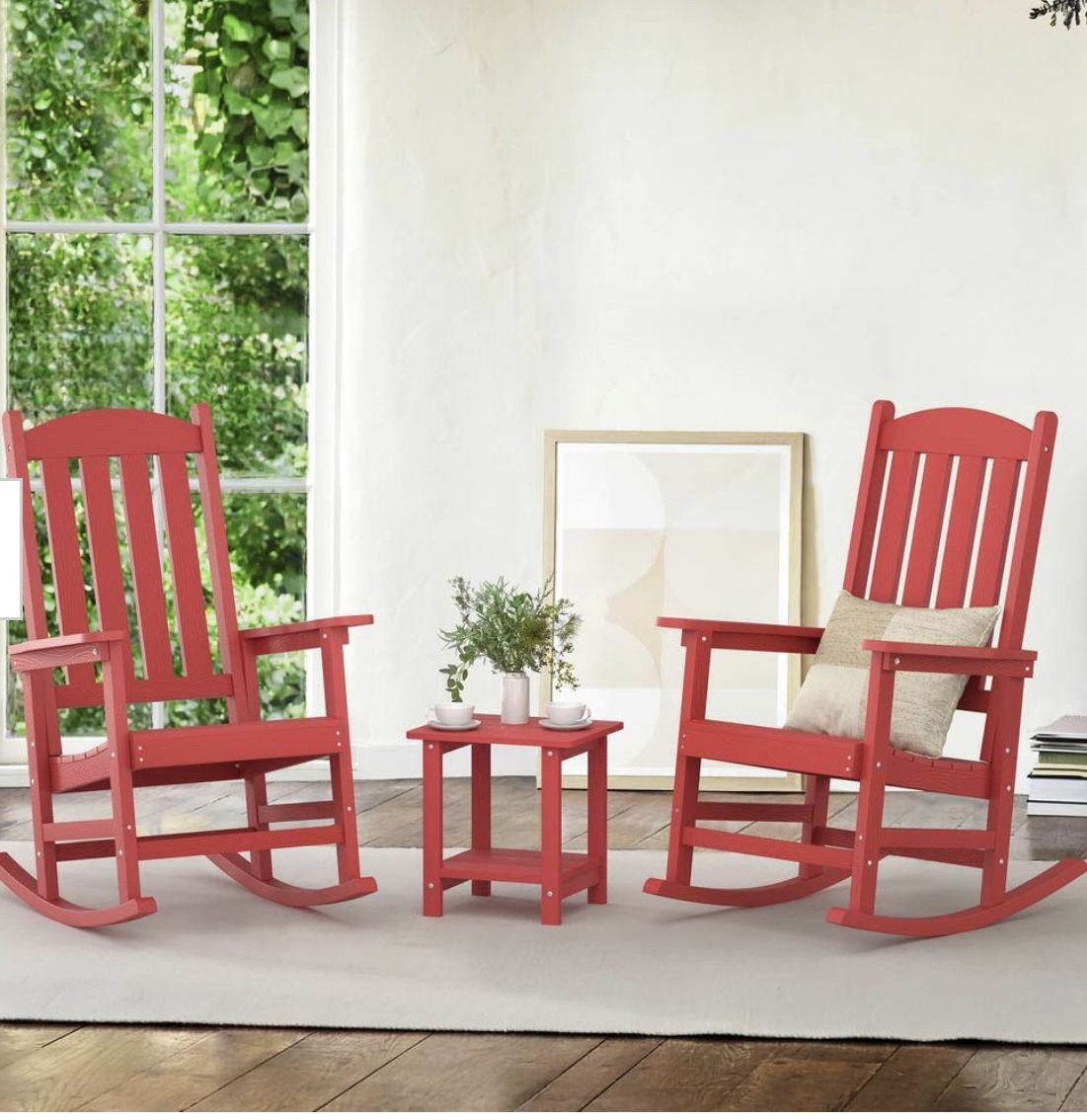 1 Bright red Plastic Adirondack Outdoor Rocking Chair with High Back with table, Porch Rocker for Backyard   Brand new in box - Assembly is required  
