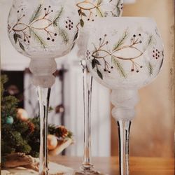Long Stemmed Crackle Glass Winter Holiday Season Tealight Holders (Set of 3)